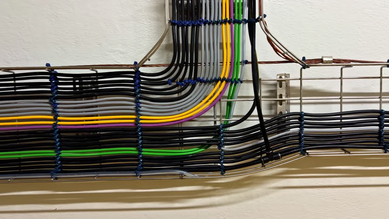 A detailed view of multicolored electrical cables organized neatly on a wall-mounted tray. Ideal for showcasing modern electrical installations or industrial design concepts