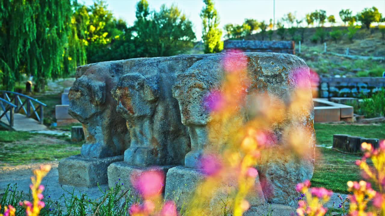 In the background, ancient stone carvings stand as silent witnesses to a bygone era, while the foreground is adorned with vibrant thistle flowers. 8k