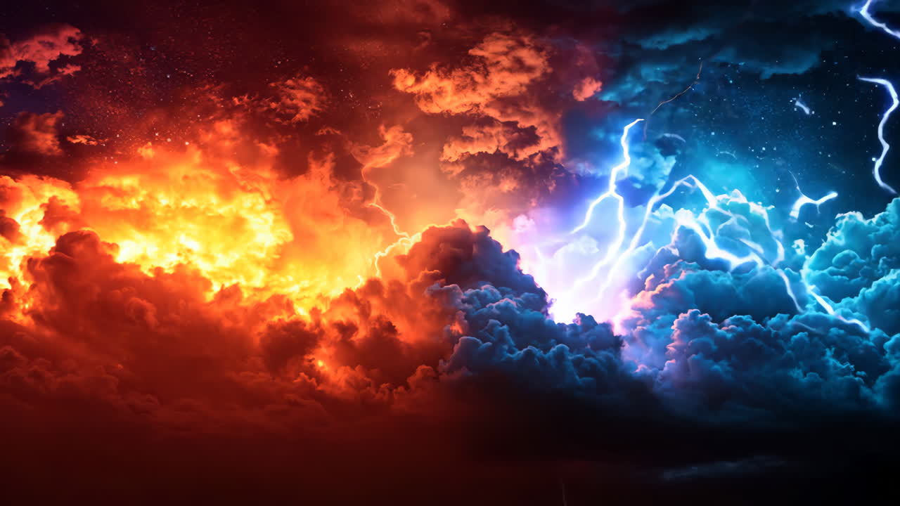 A picture of a storm with red and blue clouds