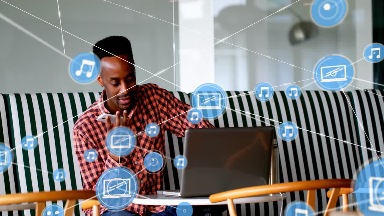 Using laptop, person surrounded by music and media icons animation