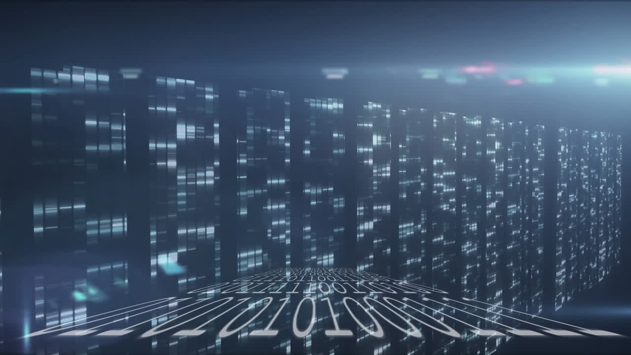 Animation of light spots and binary coding on blue background