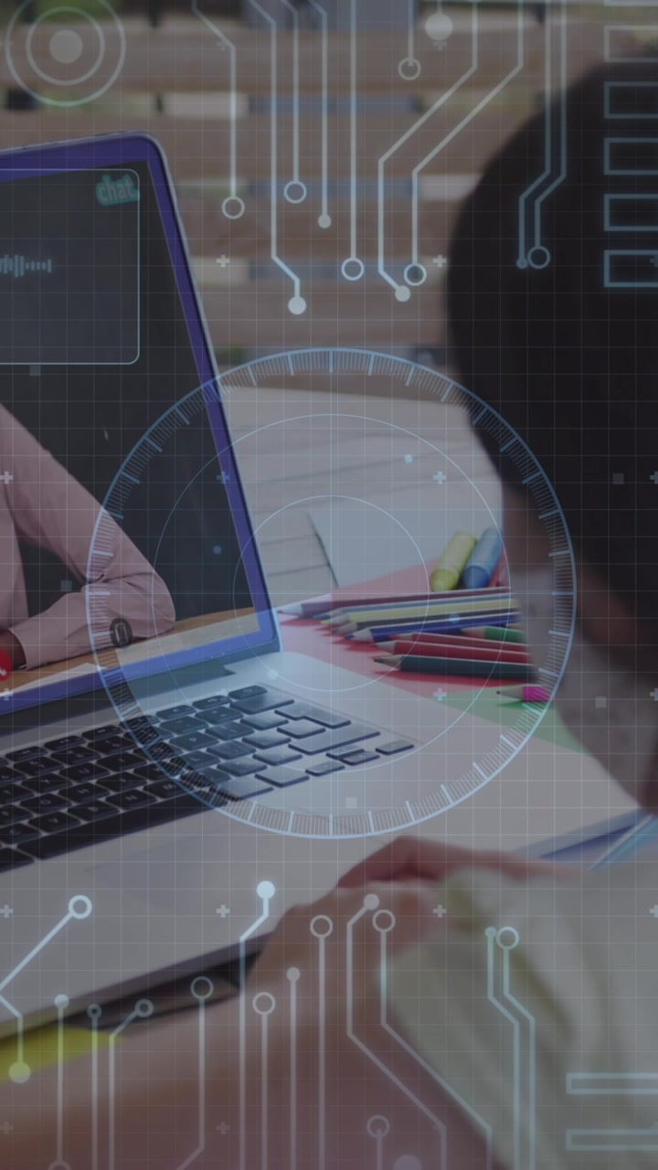 Animation of round scanner and microprocessor connections against girl having a video call on laptop