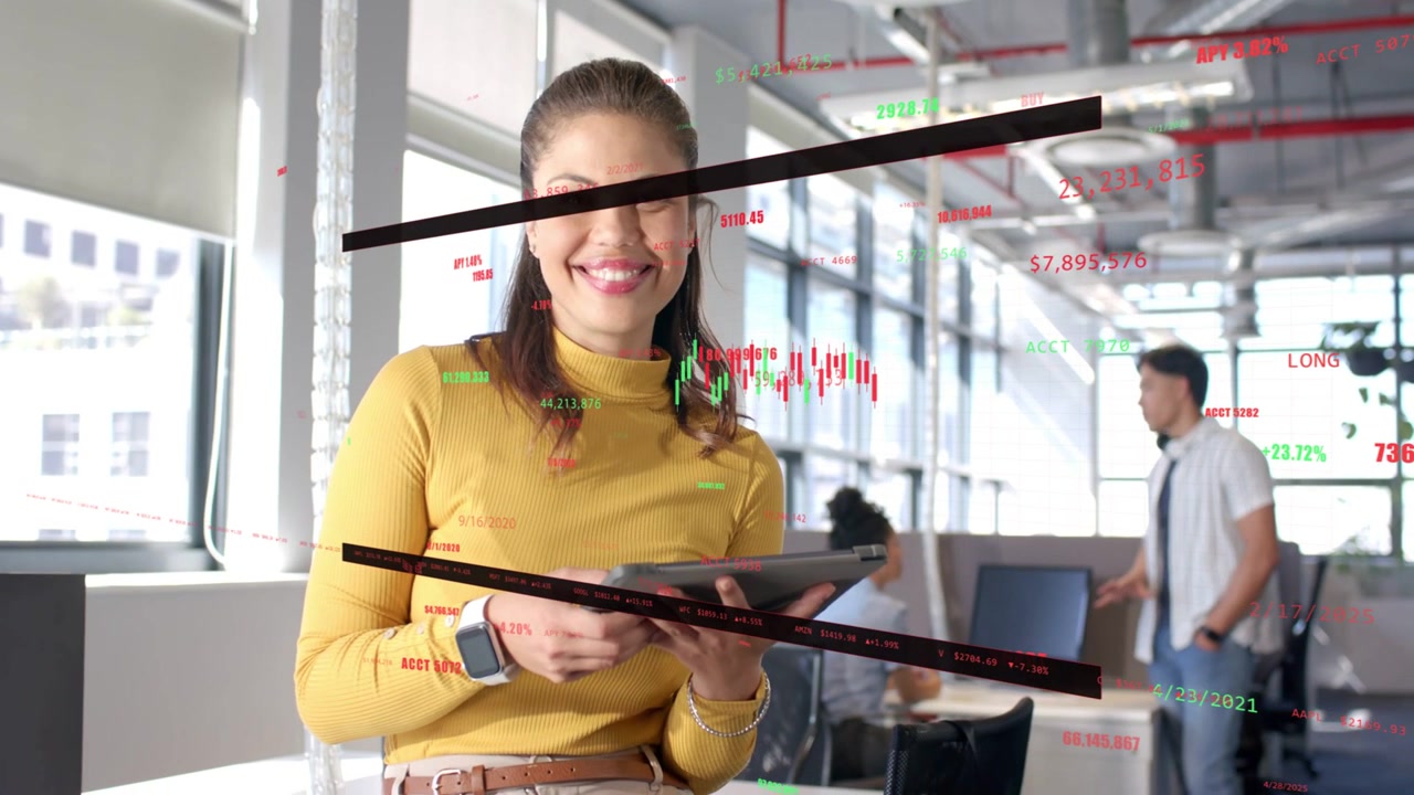 Woman tapping tablet and presenting financial data, animated candlestick charts sliding over woman