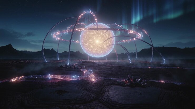 Increasing glow, glowing orb sending energy through rings and conduits to lit nodes on alien plain