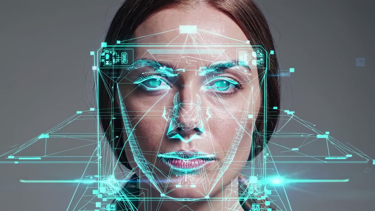 Futuristic video with a close-up angle of a woman's face, overlaid with digital facial recognition