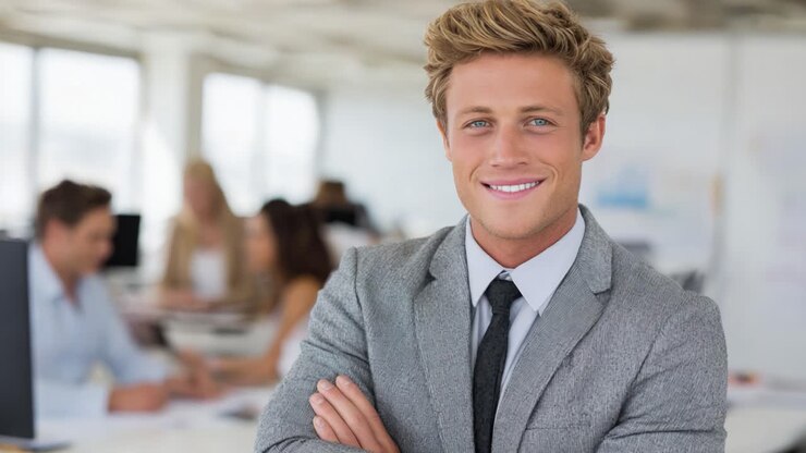 Un giovane uomo d'affari sorridente e sicuro di sé in un ambiente ufficio moderno, che trasuda professionalità e cordialità tra i colleghi impegnati in attività lavorative