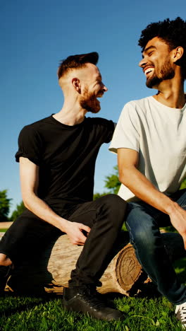 two friends laughing and talking outdoors on a log
