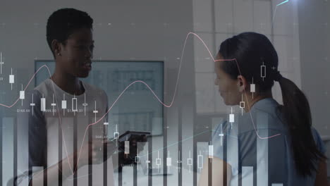 animation of financial data processing over diverse business people in office