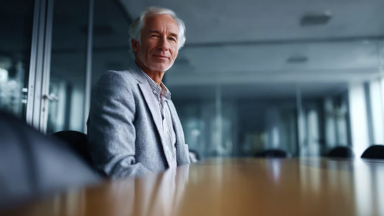 Un anciano reflexivo en una sala de conferencias, que reflexiona sobre sus experiencias y sabiduría, sentado tranquilamente en una mesa de madera rodeado de un entorno de oficina minimalista