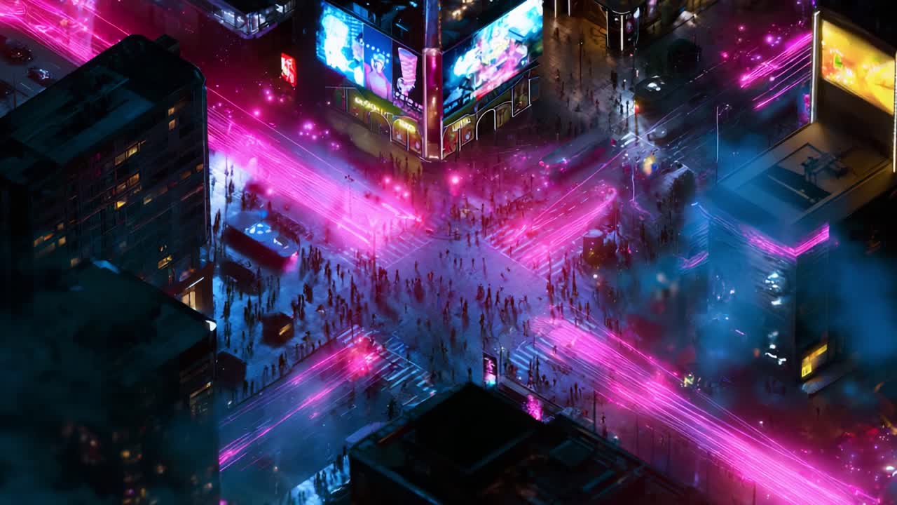 Aerial View of a Vibrant Neon Intersection at Night, Highlighting Crowds of People and Dynamic Light Beam Effects that Create a Futuristic Atmosphere Amidst Urban Architecture and Activity
