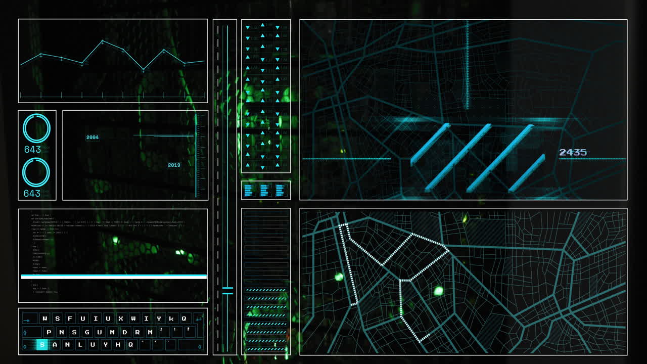 Animation of interface with data processing against close up of a computer server