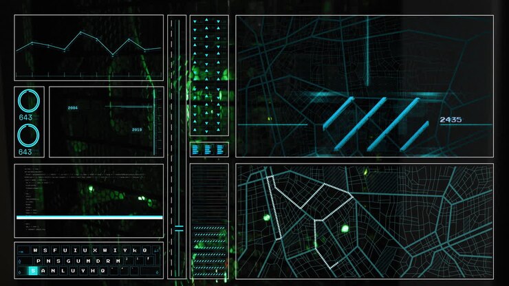 Animation of interface with data processing against close up of a computer server