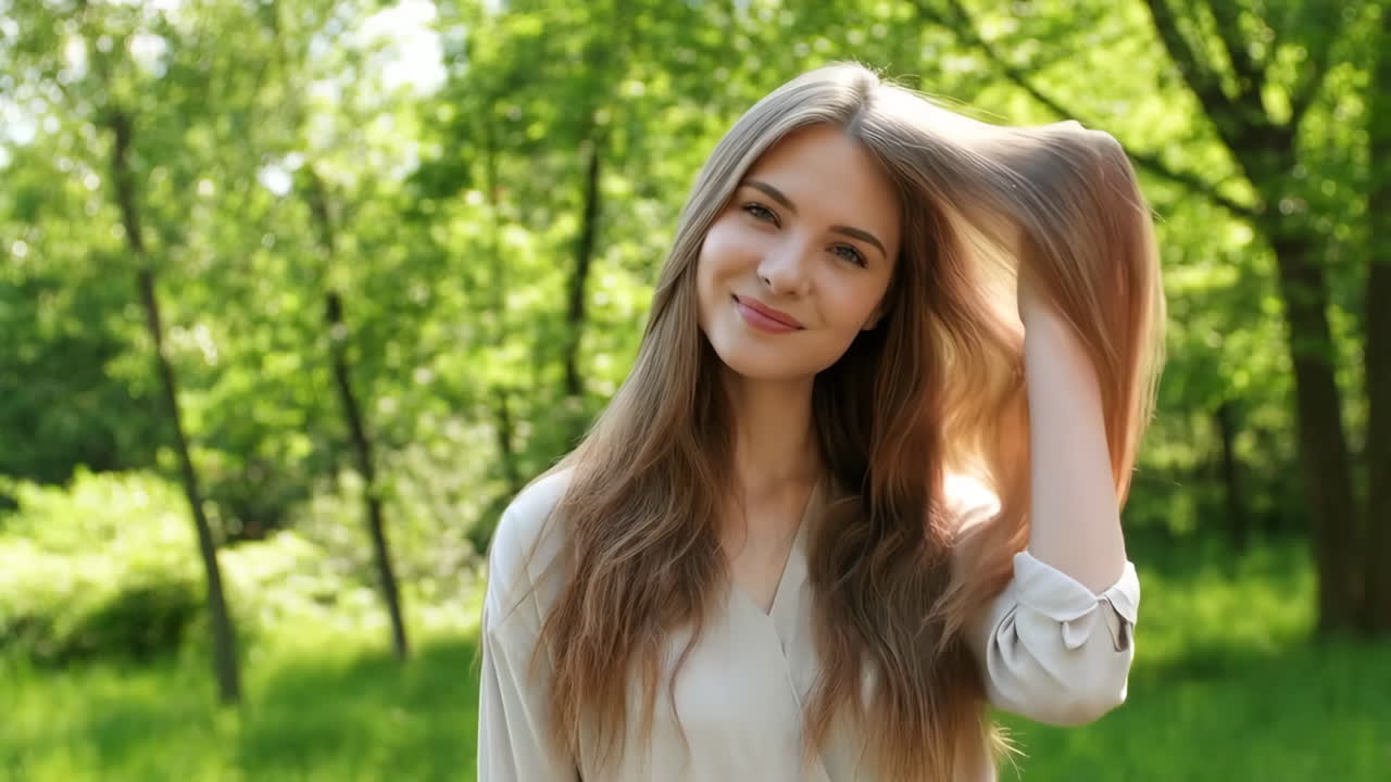 Portrait of a smiling young woman in a green park