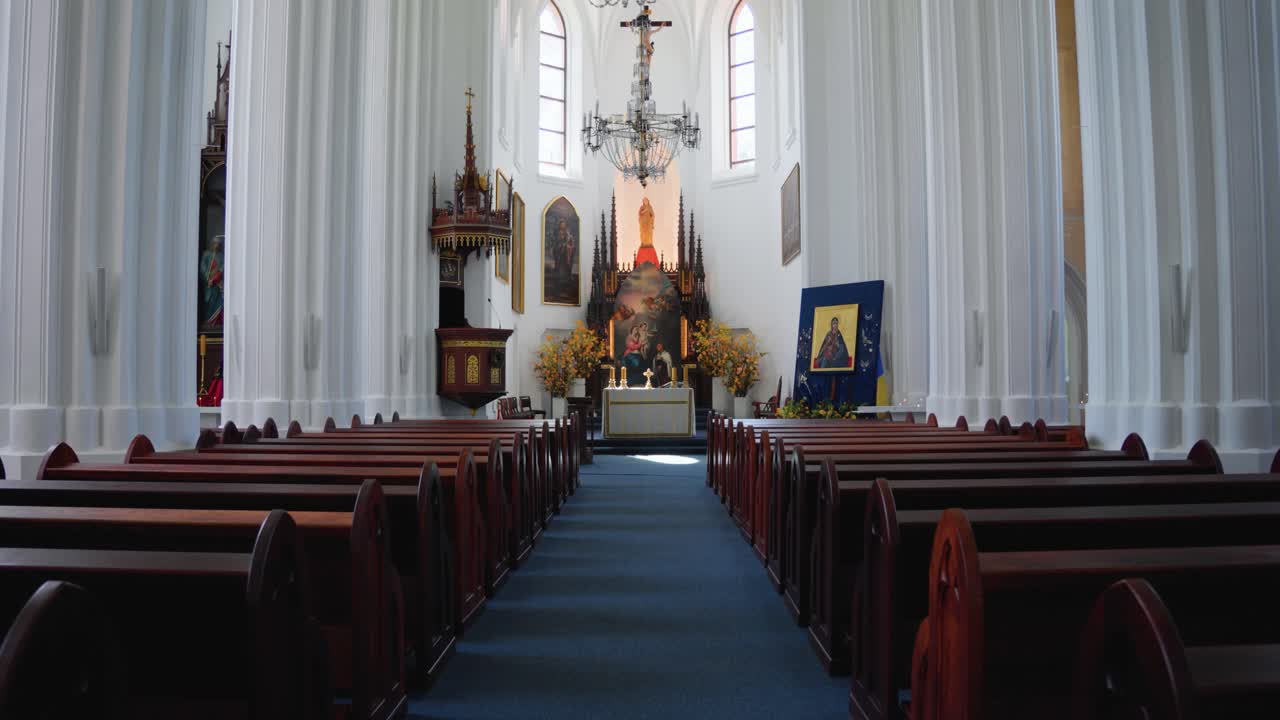 Shot of interior and altar of the Catholic church of Saint Mary's Scapular in Druskininkai, Lithuania, zoom in