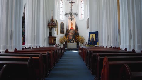 shot of interior and altar of the catholic church of saint mary's scapular in druskininkai, lithuania, zoom in