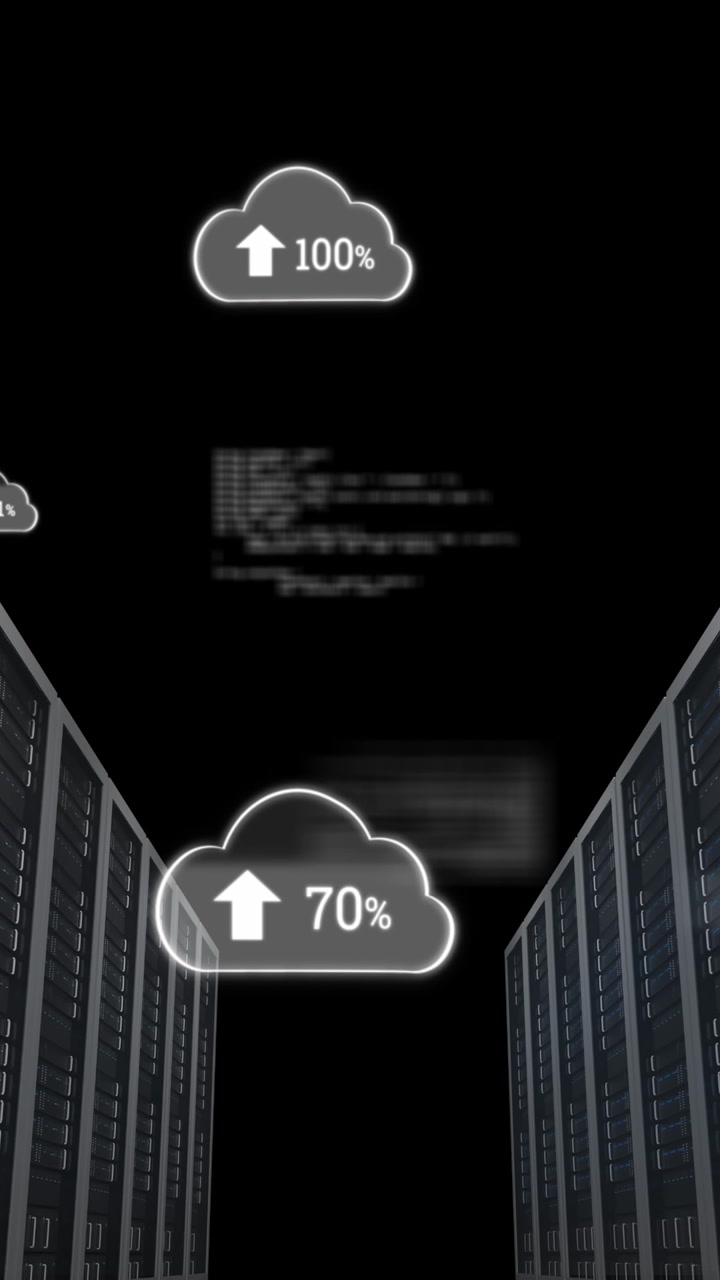Animation of data processing and clouds with percentage over server room
