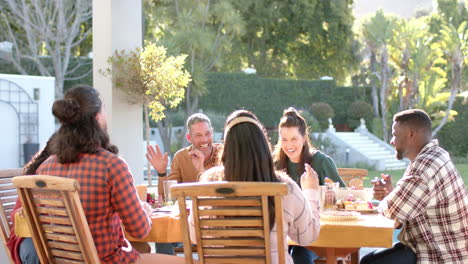 happy diverse male and female friends enjoying thanksgiving celebration meal in sunny garden