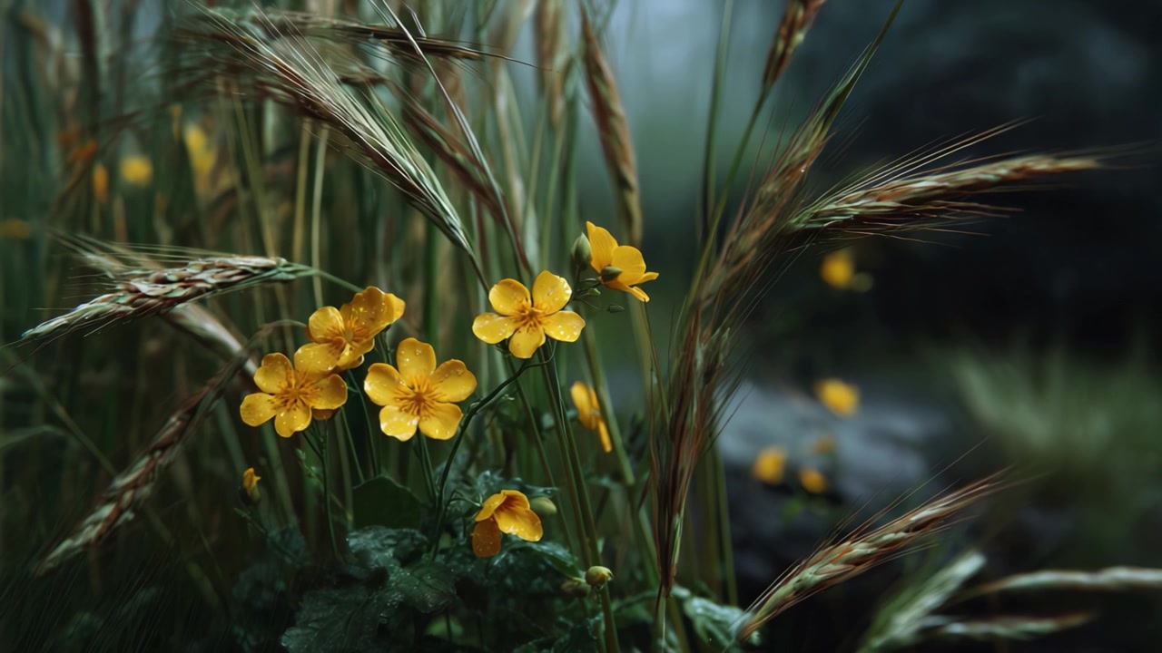 A close-up view of vibrant yellow flowers surrounded by lush green foliage and golden wheat stalks bathed in soft natural light in a serene environment.