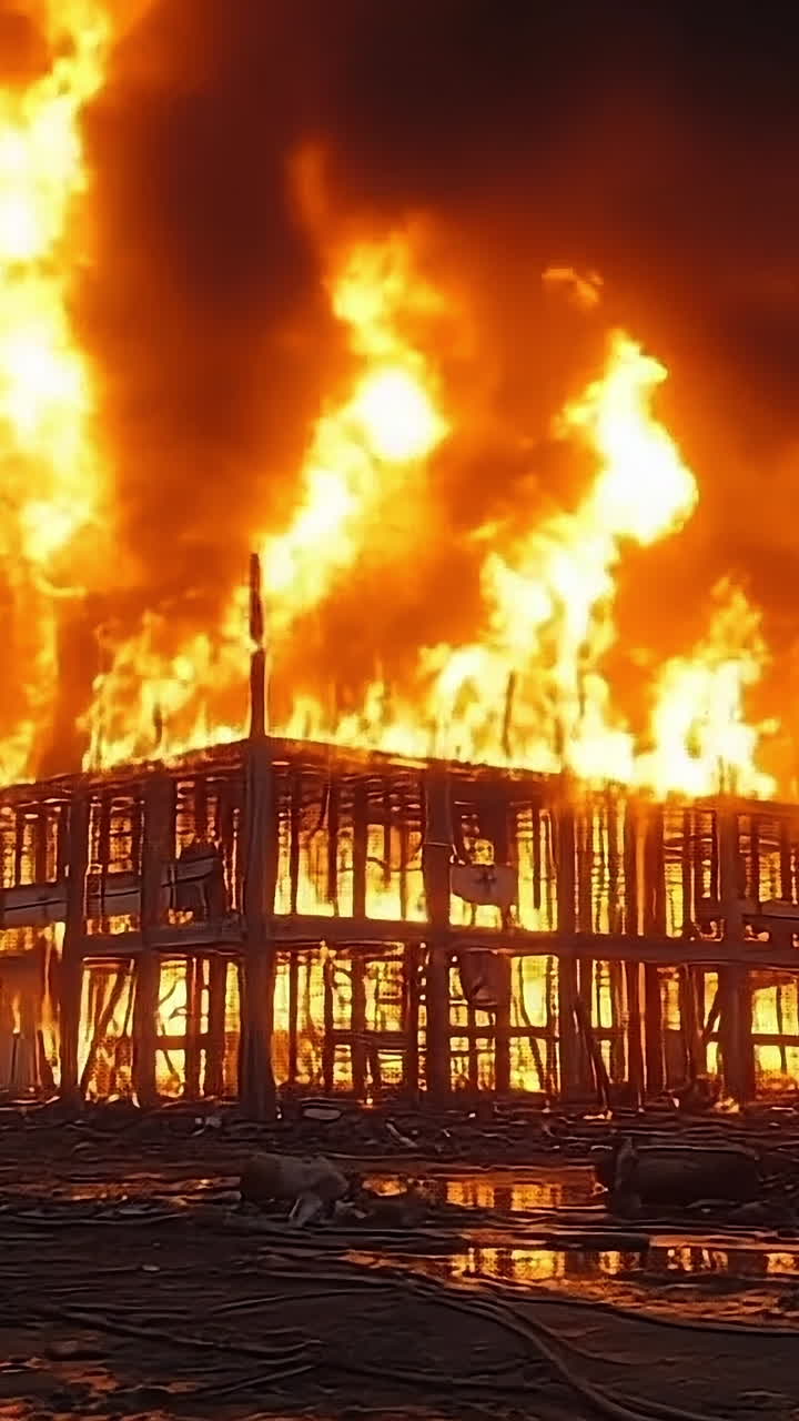 Massive fire engulfs industrial building. Flames and smoke billow from an industrial building, creating a dangerous fire situation nearby.
