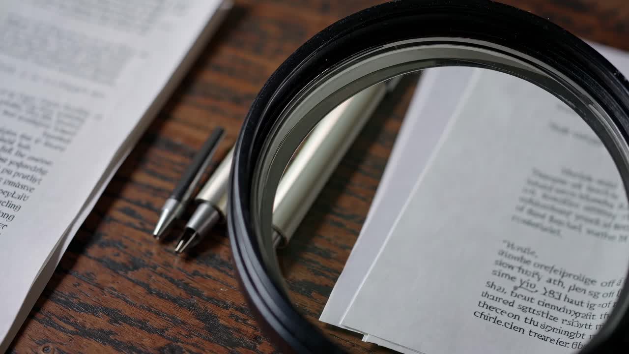 Close-up video shot of a magnifying glass over documents on a wooden table, highlighting text