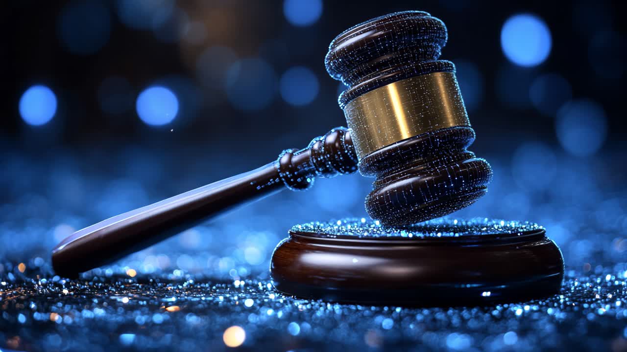 A wooden gavel sits on a blue background. The gavel is surrounded by glitter, giving the image a sense of importance and authority