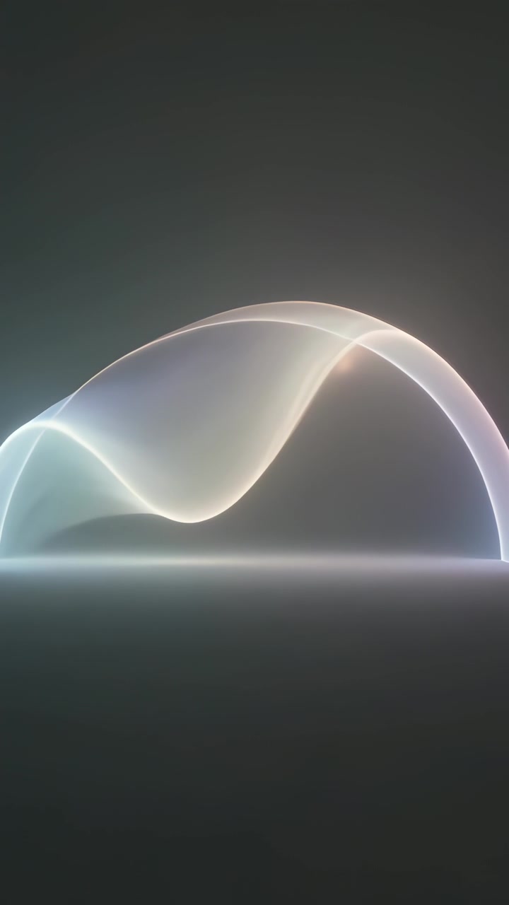 Vertical video: Morphing ribbon forming waves above light plane on dark backdrop, creating glints