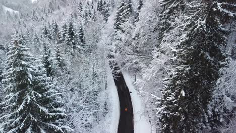 Mann-Auf-Winterwunderlandstraße-Im-Schneewald-Der-Schweizer-Alpen,-Luftaufnahme