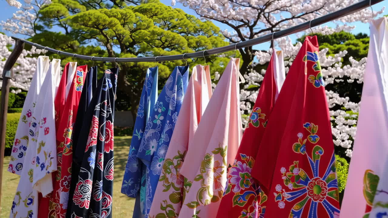 Japanese Kimonos Hanging in a Garden with Cherry Blossoms