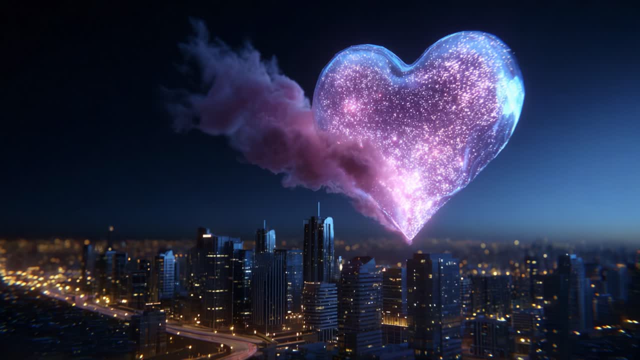 A mesmerizing urban night scene featuring a radiant heart-shaped cloud glowing in vibrant hues, captivating the skyline and illuminating the city below with a magical and enchanting atmosphere