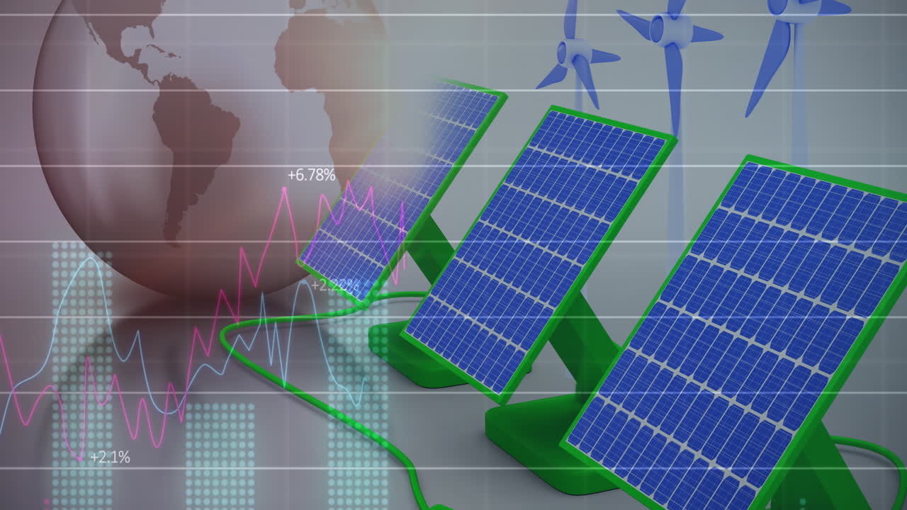 태양 전지 패널과 풍차를 통해 금융 데이터 처리를 배경으로 전 세계에 대해
