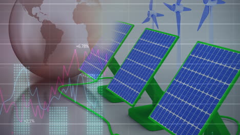 financial data processing over solar panel and windmill against globe in background