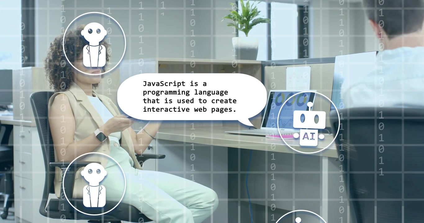 Woman tapping phone and requesting JavaScript definition in office with chat bubble appearing