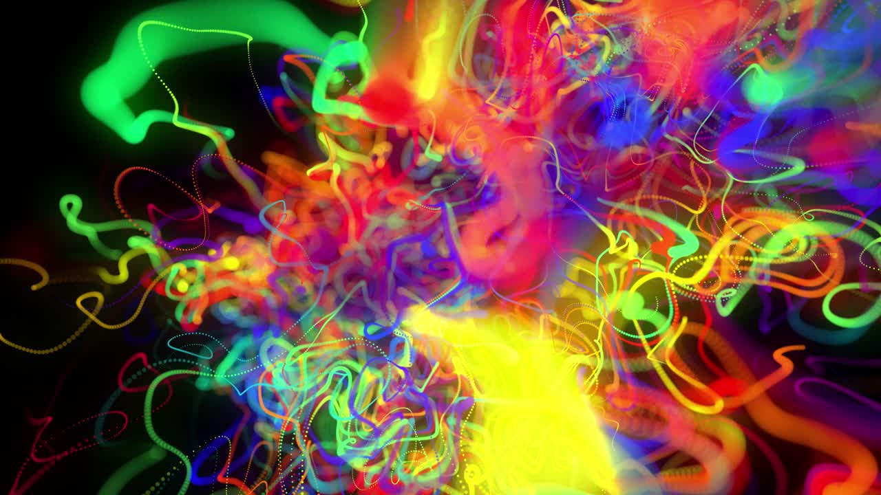 fondo en bucle abstracto con flujo de líneas multicolores de brillo o rayas de luz. las partículas de luces en funcionamiento se forman en el espacio 3d brillando hermosas líneas curvas con luz de neón. hermoso bg creativo en 4k.