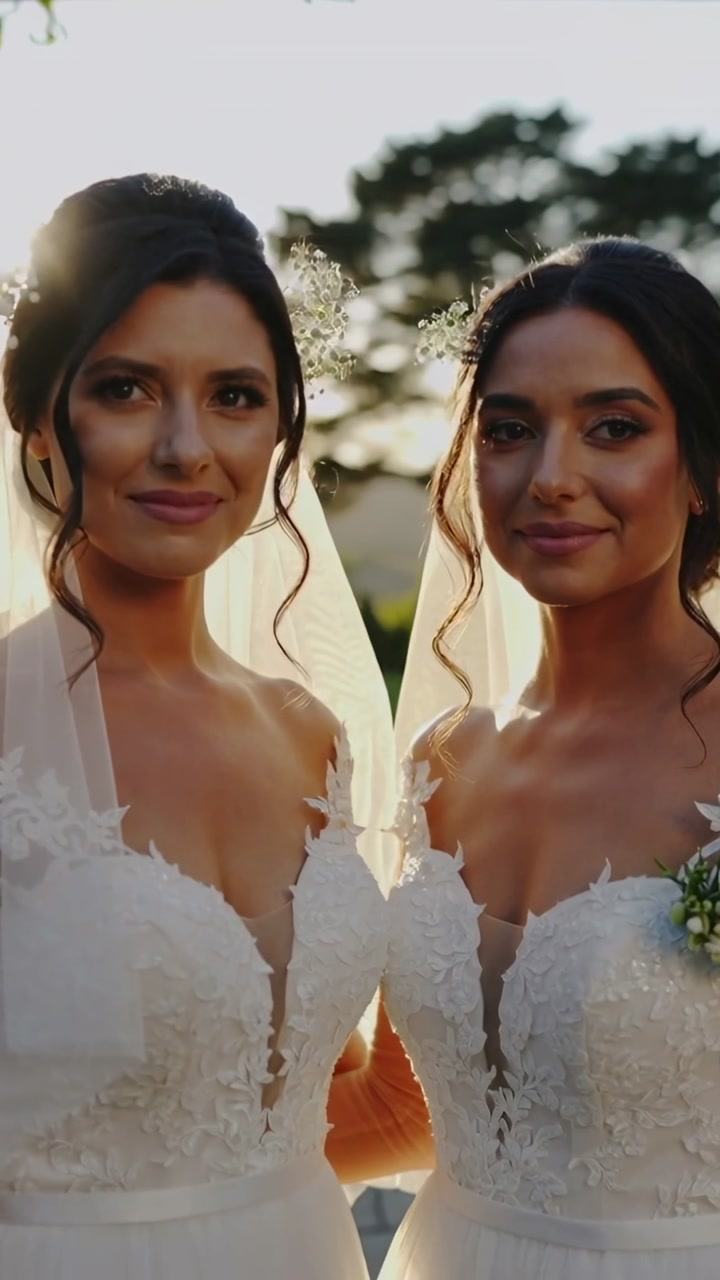 Vertical video: Two brides posing and linking arms while sun moving backlighting for warm portrait