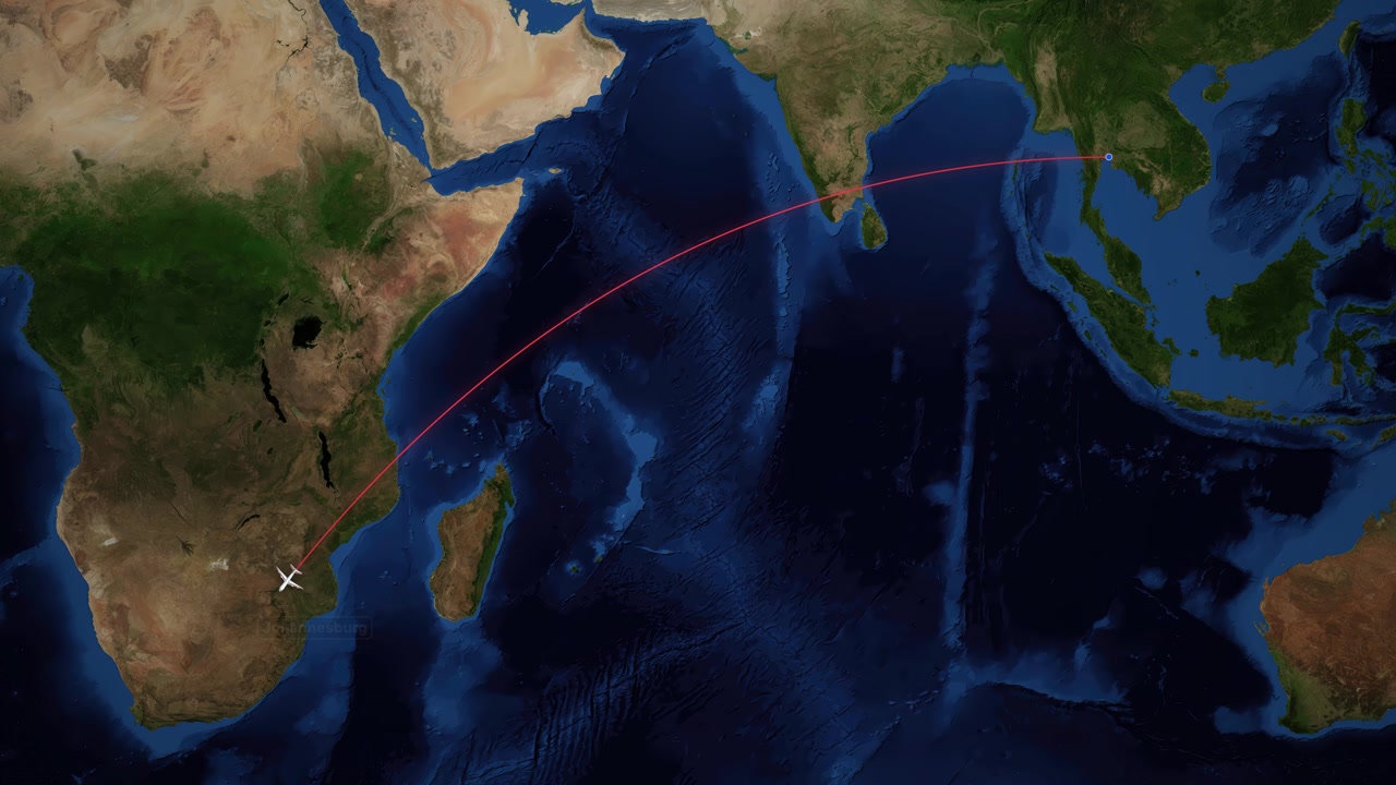 Animated red line tracks airplane flight route from Bangkok to Johannesburg on satellite map