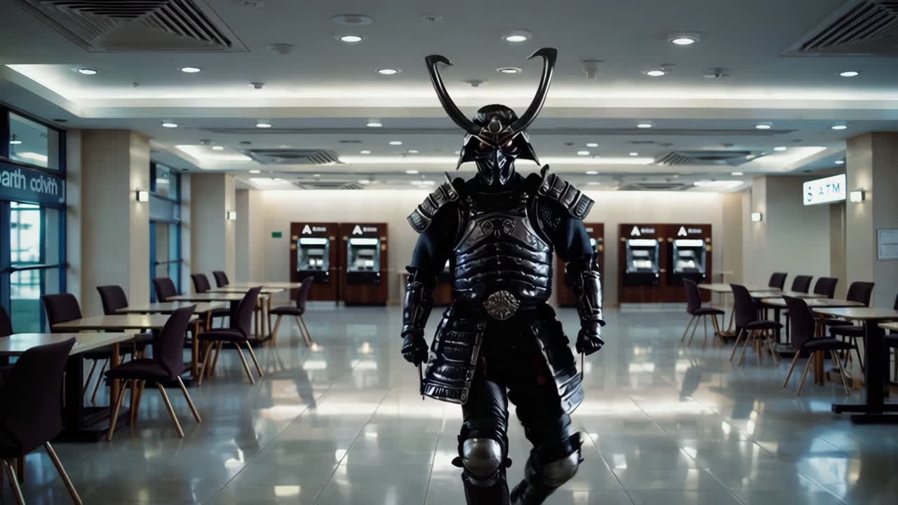 samurai en un centro comercial moderno