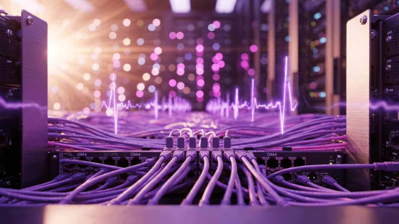 Dynamic View of High-Tech Data Center Infrastructure with Advanced Networking Cables and Colorful Light Effects Showcasing Modern Server Capabilities