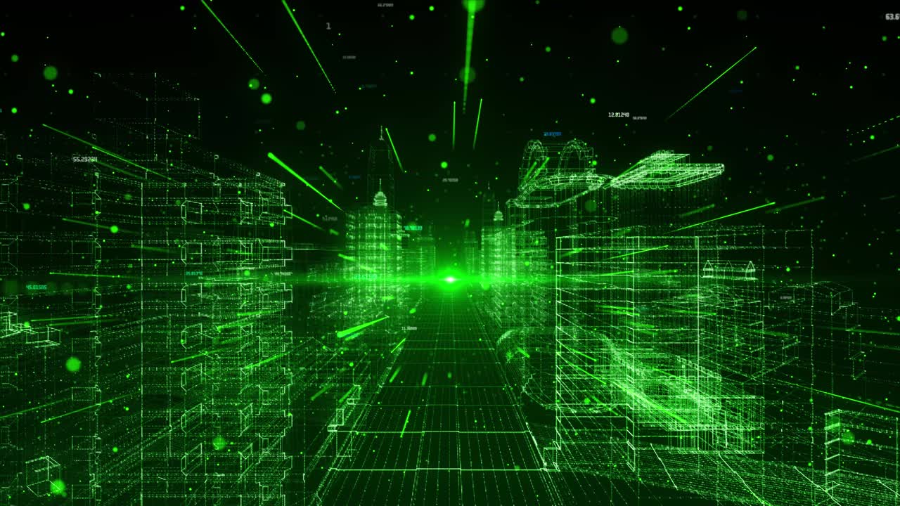 Future science and technology holographic smart city high rise building model loop background 3d