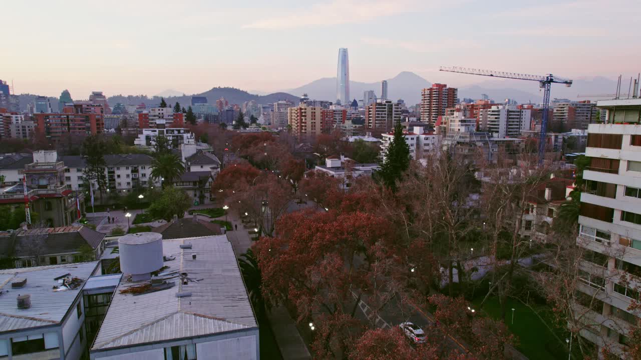 칠레 산티아고 의 코스타네라 탑 을 배경 으로 하는 프로비덴시아 의 오렌지 나무 위 로 올라가는 공중 사진