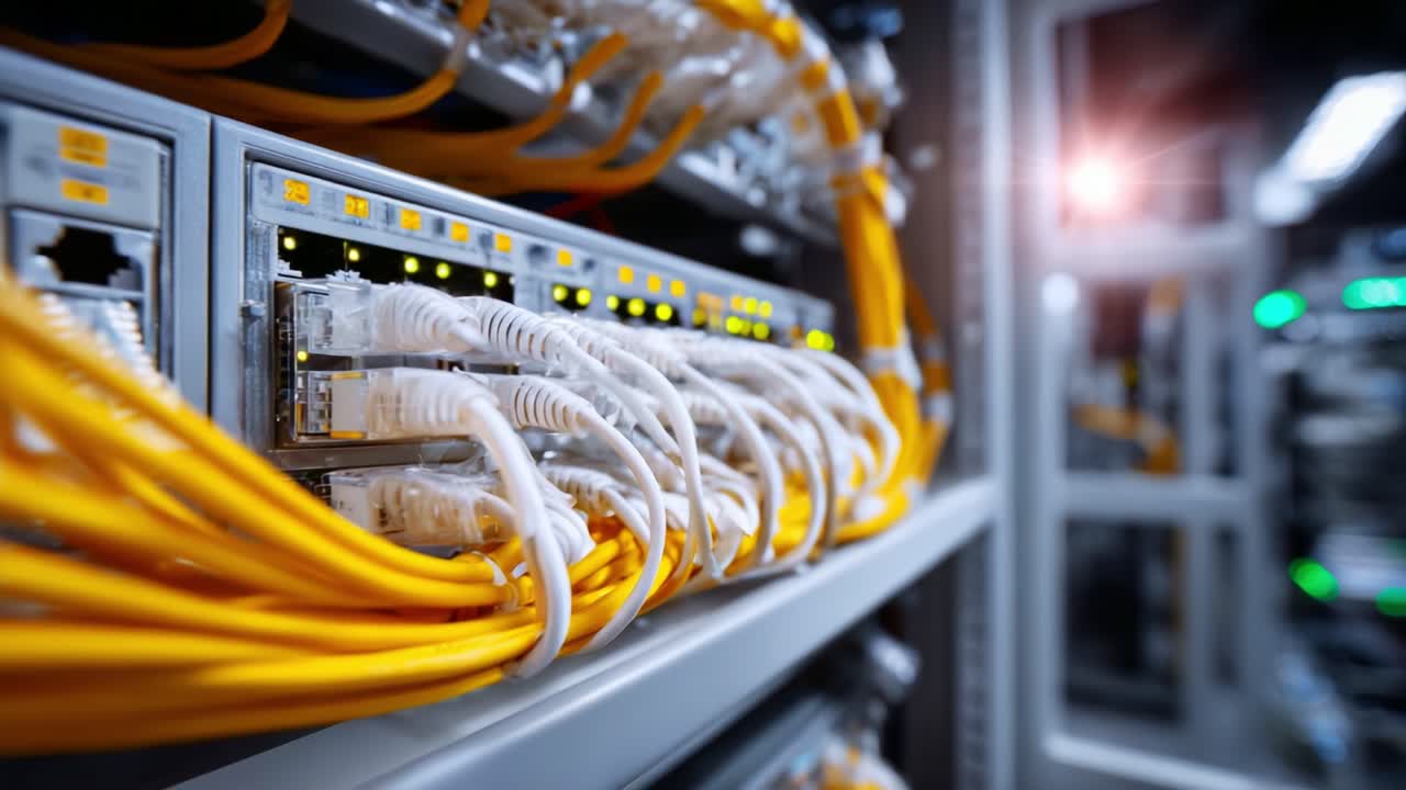 Network Infrastructure: High-Speed Data Cables and Connectors in a Server Room with Modern Networking Equipment and Bright LED Indicators