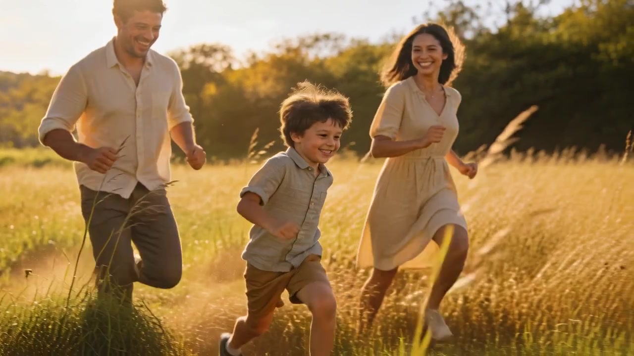 Bambino che corre spronando i genitori che corrono verso la telecamera in un prato illuminato dal sole, con l'abito leggero della madre che si solleva.