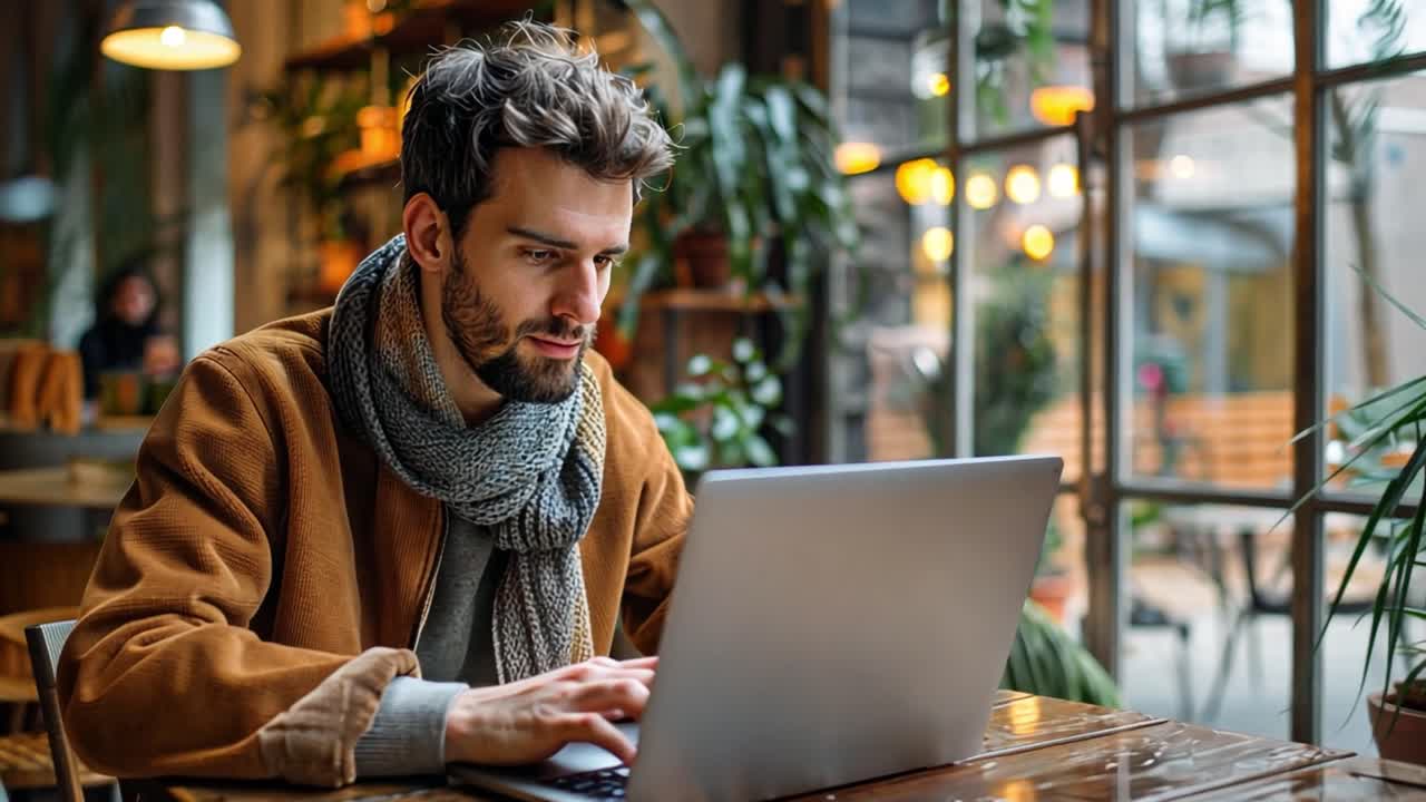 A man works on his laptop in a cozy cafe setting