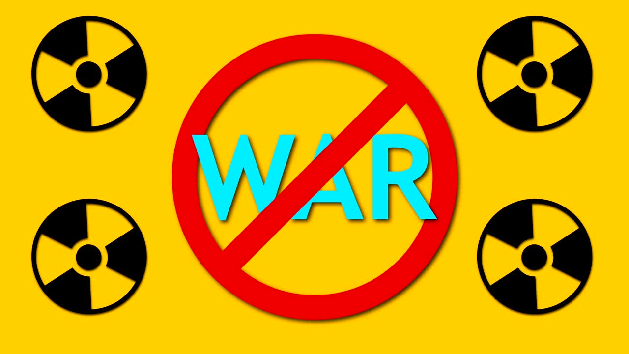 금지 표지판과 4 개의 방사능 표지판 뒤에 있는 문자 전쟁, 위험 및 안전 배경, 3d 렌더링 배경