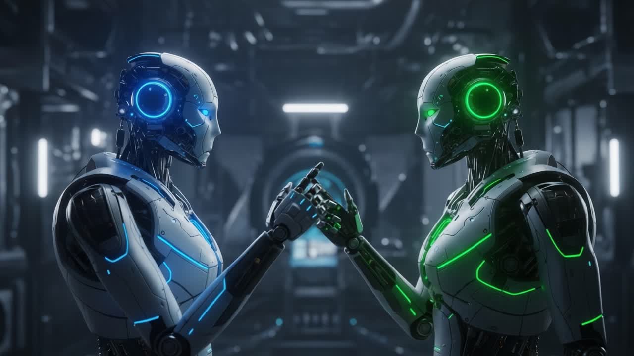Futuristic Encounter: Two Robots Engaging in a Dynamic Interaction, Showcasing Advanced Technology and Intriguing Features in a Sci-Fi Environment