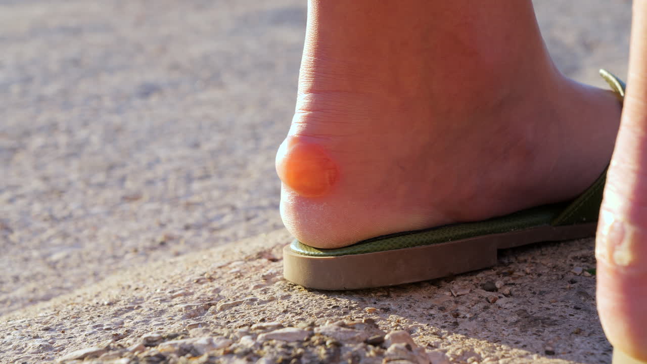 Female's Foot in Open Sandal with Huge Fluid Filled Blister on Heel CU