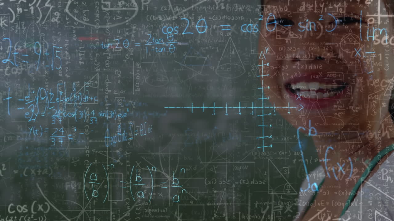 animación de fórmulas matemáticas en movimiento y procesamiento de datos sobre una niña que usa un teléfono inteligente