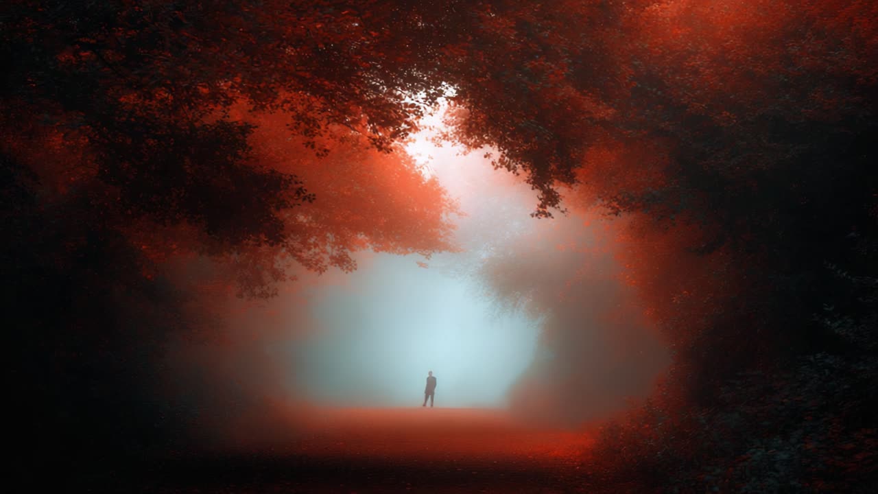 A solitary figure emerges through a mesmerizing fog-laden forest, enveloped in vivid red hues, creating an enchanting and ethereal atmosphere that beckons exploration