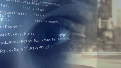 Animation of data processing over eye of caucasian woman