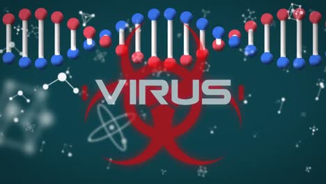 estructura del adn y texto del virus sobre el símbolo de riesgo biológico contra estructuras moleculares en fondo verde