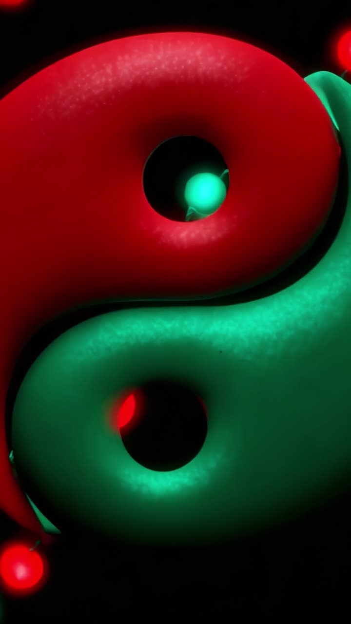 A stunning visual representation of balance and harmony, showcasing a captivating interplay of colors and shapes, with vibrant red and green elements symbolizing duality and unity in a mesmerizing design